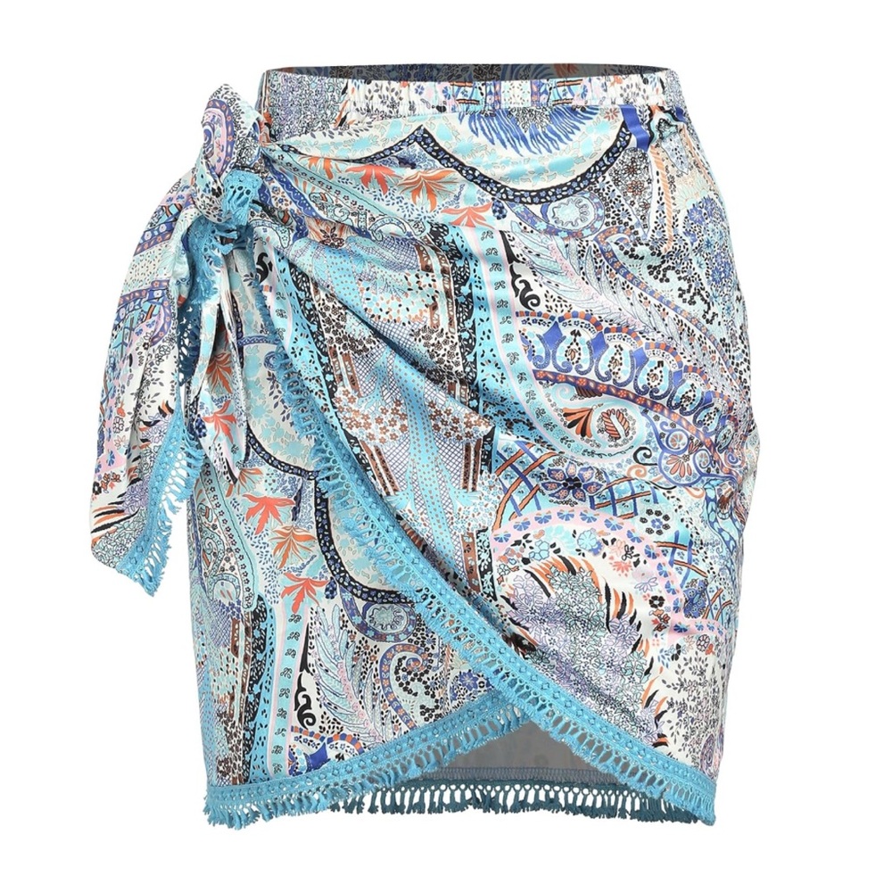 Slit Skirt for Women Boho Print Tie Side Wrap Tassel Casual Beach Mini Skirt